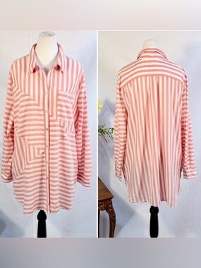 Chico’s Patchwork Stripe Tunic  Coral White Button Front Pockets Sz 3 / XL💚